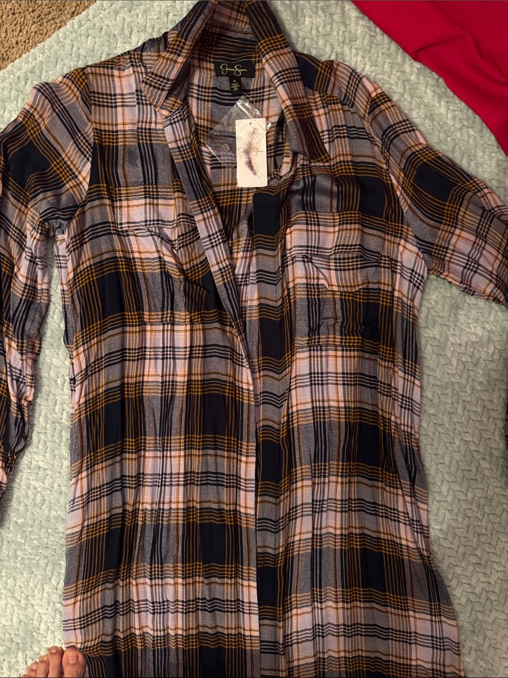 Light Pink and Black Plaid Button-Front Shirt Dress